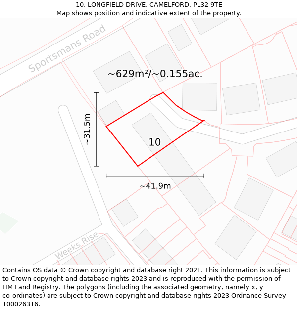 10, LONGFIELD DRIVE, CAMELFORD, PL32 9TE: Plot and title map