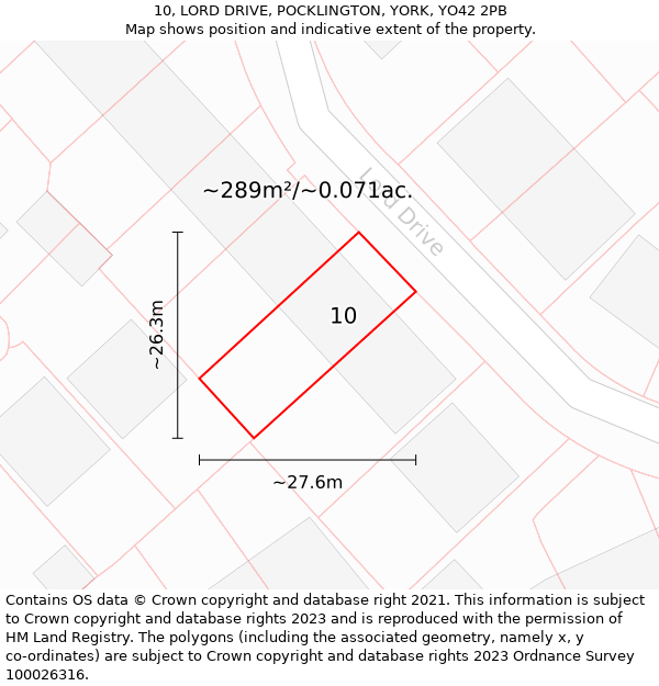 10, LORD DRIVE, POCKLINGTON, YORK, YO42 2PB: Plot and title map