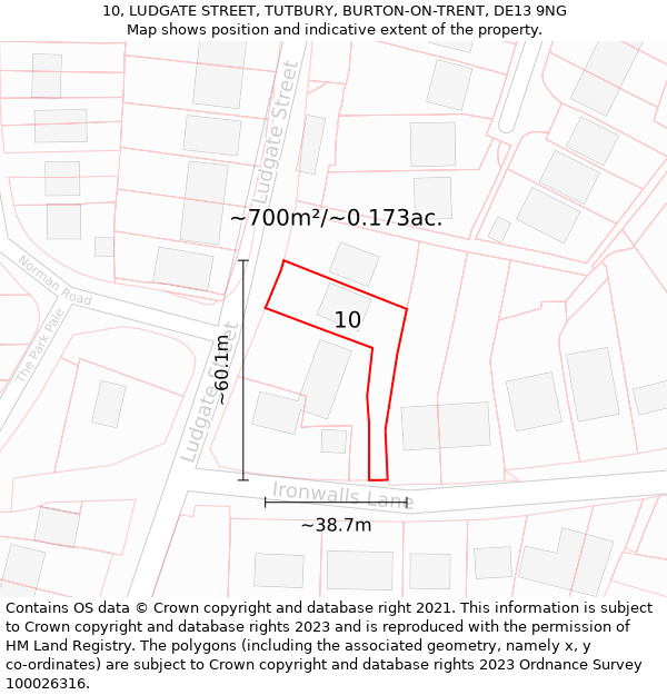 10, LUDGATE STREET, TUTBURY, BURTON-ON-TRENT, DE13 9NG: Plot and title map