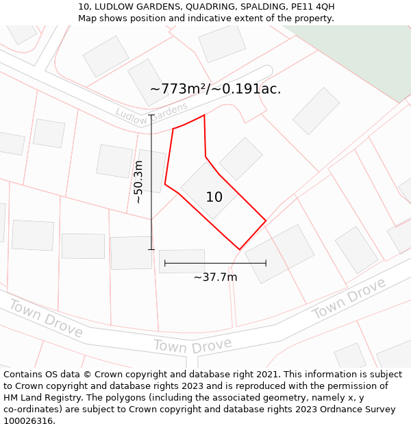 10, LUDLOW GARDENS, QUADRING, SPALDING, PE11 4QH: Plot and title map