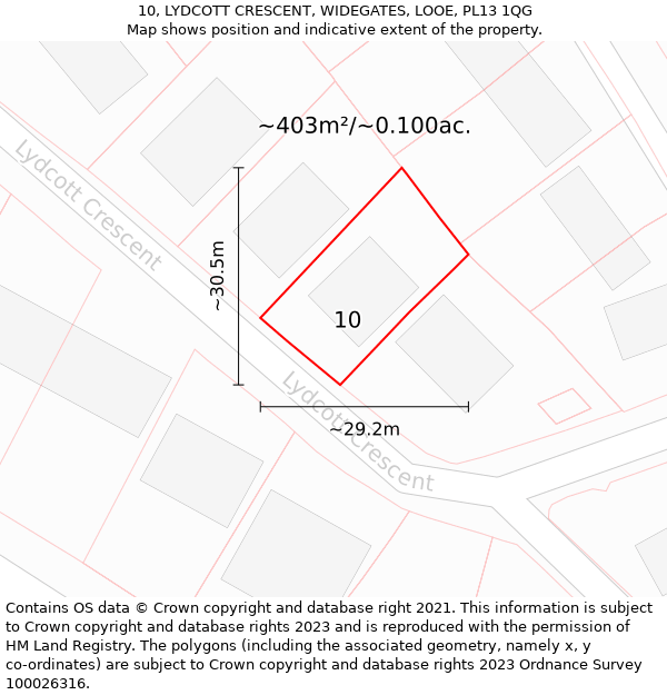 10, LYDCOTT CRESCENT, WIDEGATES, LOOE, PL13 1QG: Plot and title map