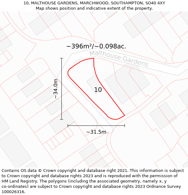 10, MALTHOUSE GARDENS, MARCHWOOD, SOUTHAMPTON, SO40 4XY: Plot and title map