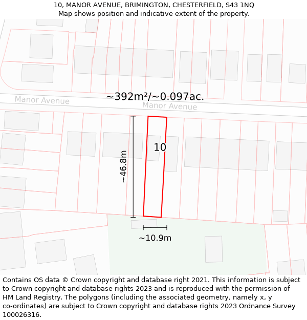 10, MANOR AVENUE, BRIMINGTON, CHESTERFIELD, S43 1NQ: Plot and title map