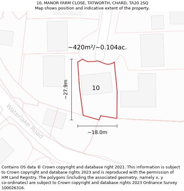 10, MANOR FARM CLOSE, TATWORTH, CHARD, TA20 2SQ: Plot and title map