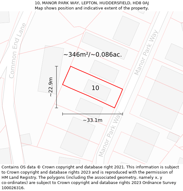 10, MANOR PARK WAY, LEPTON, HUDDERSFIELD, HD8 0AJ: Plot and title map