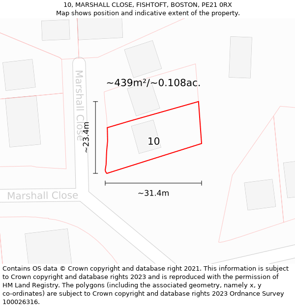 10, MARSHALL CLOSE, FISHTOFT, BOSTON, PE21 0RX: Plot and title map