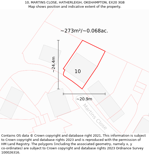 10, MARTINS CLOSE, HATHERLEIGH, OKEHAMPTON, EX20 3GB: Plot and title map