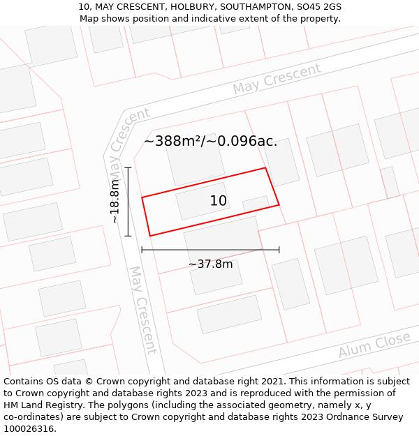 10, MAY CRESCENT, HOLBURY, SOUTHAMPTON, SO45 2GS: Plot and title map