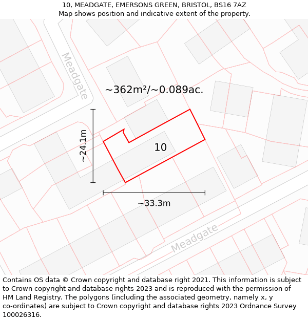 10, MEADGATE, EMERSONS GREEN, BRISTOL, BS16 7AZ: Plot and title map