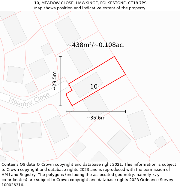 10, MEADOW CLOSE, HAWKINGE, FOLKESTONE, CT18 7PS: Plot and title map