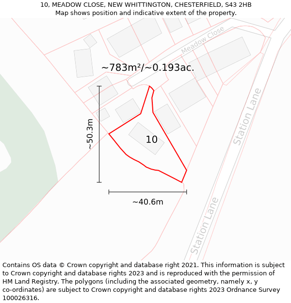 10, MEADOW CLOSE, NEW WHITTINGTON, CHESTERFIELD, S43 2HB: Plot and title map