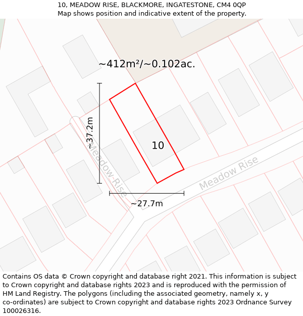 10, MEADOW RISE, BLACKMORE, INGATESTONE, CM4 0QP: Plot and title map