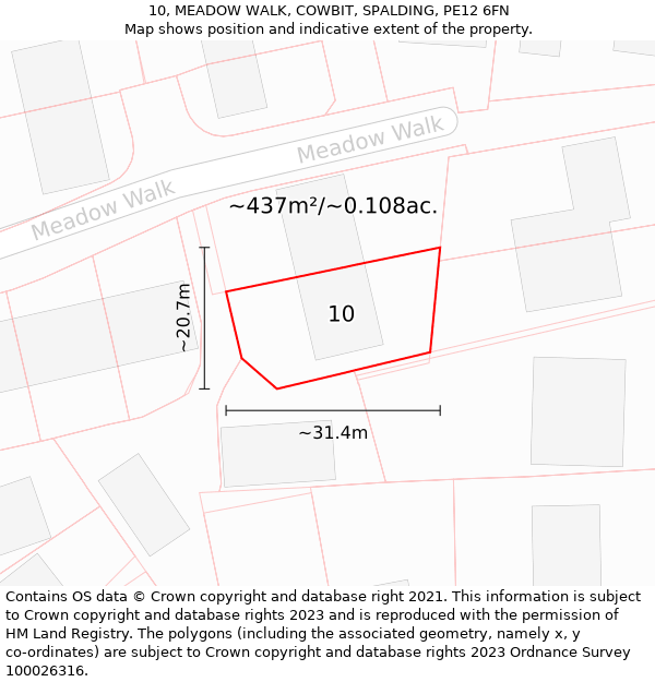 10, MEADOW WALK, COWBIT, SPALDING, PE12 6FN: Plot and title map