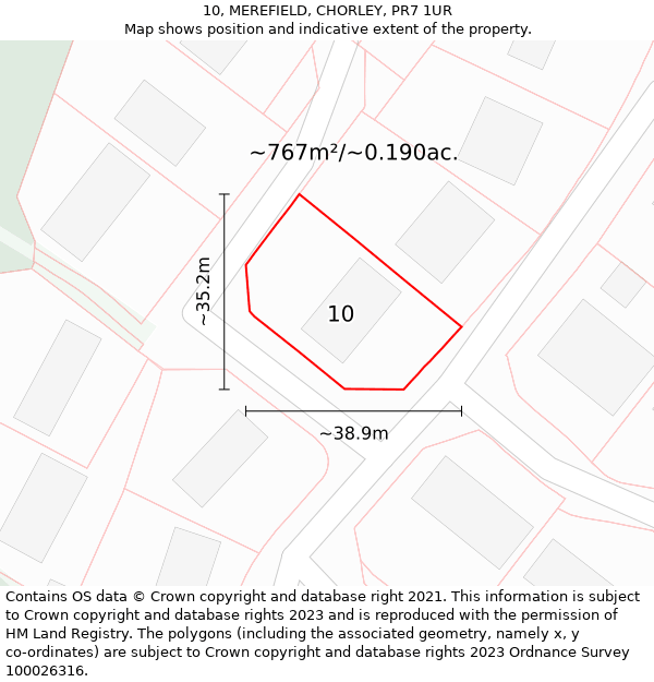 10, MEREFIELD, CHORLEY, PR7 1UR: Plot and title map