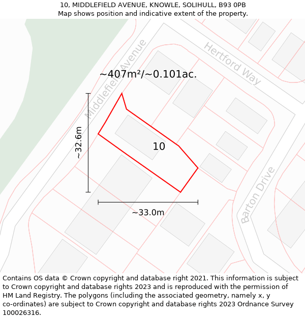 10, MIDDLEFIELD AVENUE, KNOWLE, SOLIHULL, B93 0PB: Plot and title map