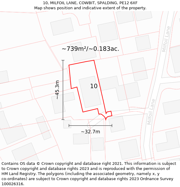 10, MILFOIL LANE, COWBIT, SPALDING, PE12 6XF: Plot and title map