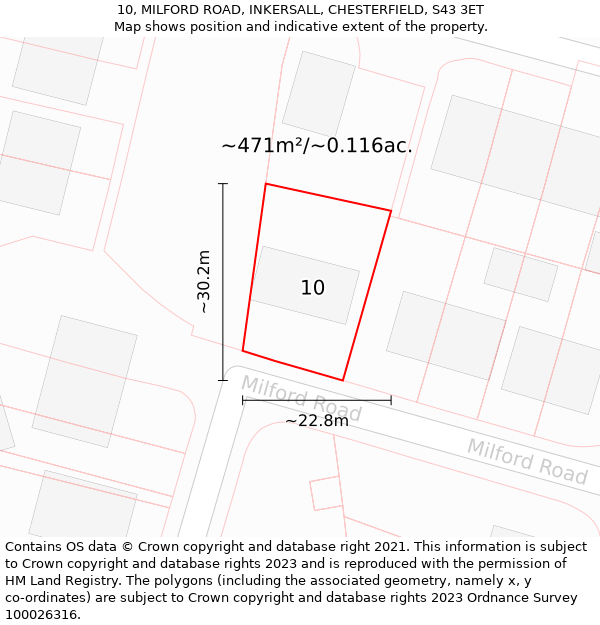 10, MILFORD ROAD, INKERSALL, CHESTERFIELD, S43 3ET: Plot and title map