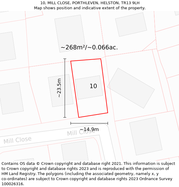 10, MILL CLOSE, PORTHLEVEN, HELSTON, TR13 9LH: Plot and title map