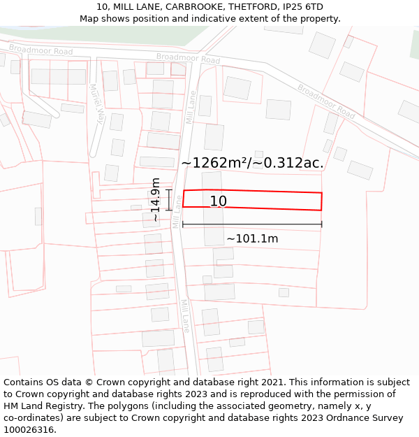 10, MILL LANE, CARBROOKE, THETFORD, IP25 6TD: Plot and title map