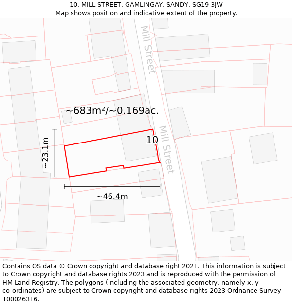 10, MILL STREET, GAMLINGAY, SANDY, SG19 3JW: Plot and title map