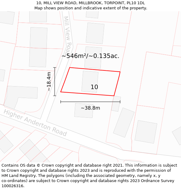 10, MILL VIEW ROAD, MILLBROOK, TORPOINT, PL10 1DL: Plot and title map