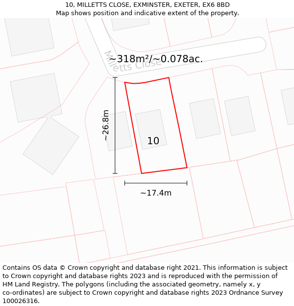 10, MILLETTS CLOSE, EXMINSTER, EXETER, EX6 8BD: Plot and title map