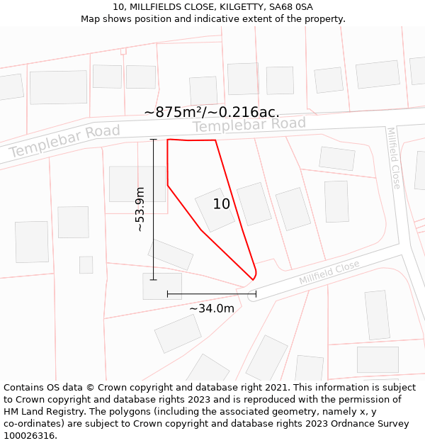 10, MILLFIELDS CLOSE, KILGETTY, SA68 0SA: Plot and title map