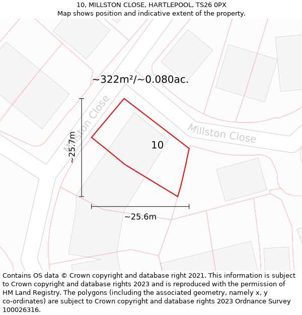 10, MILLSTON CLOSE, HARTLEPOOL, TS26 0PX: Plot and title map