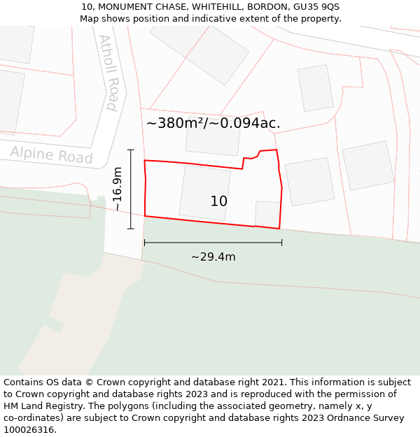 10, MONUMENT CHASE, WHITEHILL, BORDON, GU35 9QS: Plot and title map