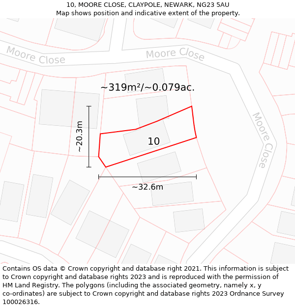 10, MOORE CLOSE, CLAYPOLE, NEWARK, NG23 5AU: Plot and title map