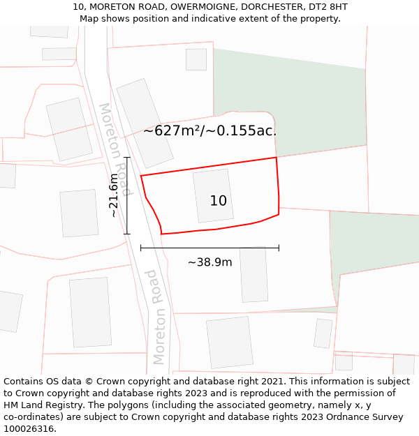 10, MORETON ROAD, OWERMOIGNE, DORCHESTER, DT2 8HT: Plot and title map