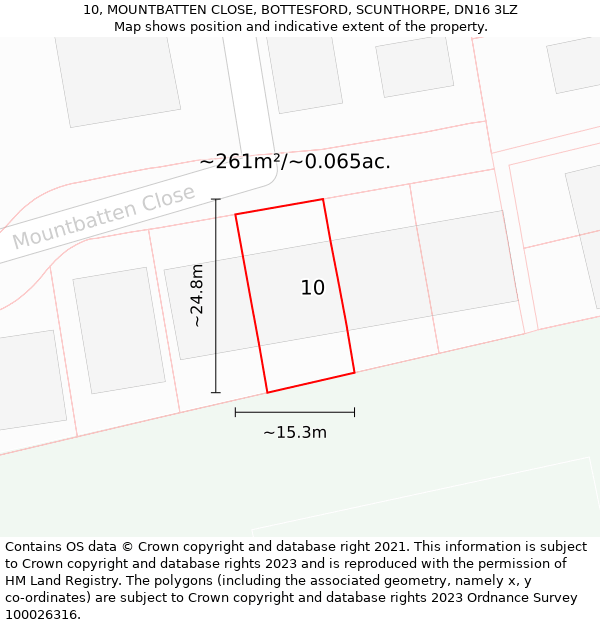 10, MOUNTBATTEN CLOSE, BOTTESFORD, SCUNTHORPE, DN16 3LZ: Plot and title map