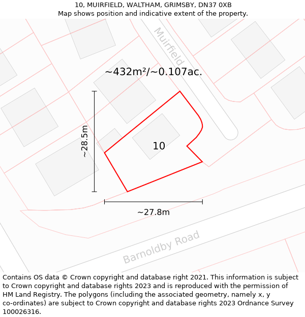 10, MUIRFIELD, WALTHAM, GRIMSBY, DN37 0XB: Plot and title map