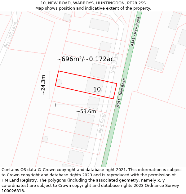 10, NEW ROAD, WARBOYS, HUNTINGDON, PE28 2SS: Plot and title map