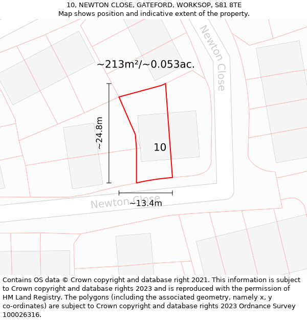 10, NEWTON CLOSE, GATEFORD, WORKSOP, S81 8TE: Plot and title map