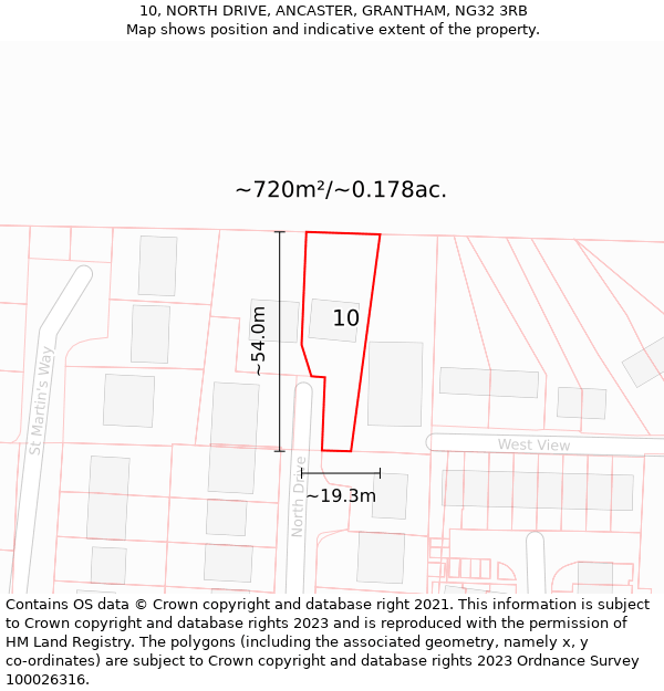 10, NORTH DRIVE, ANCASTER, GRANTHAM, NG32 3RB: Plot and title map