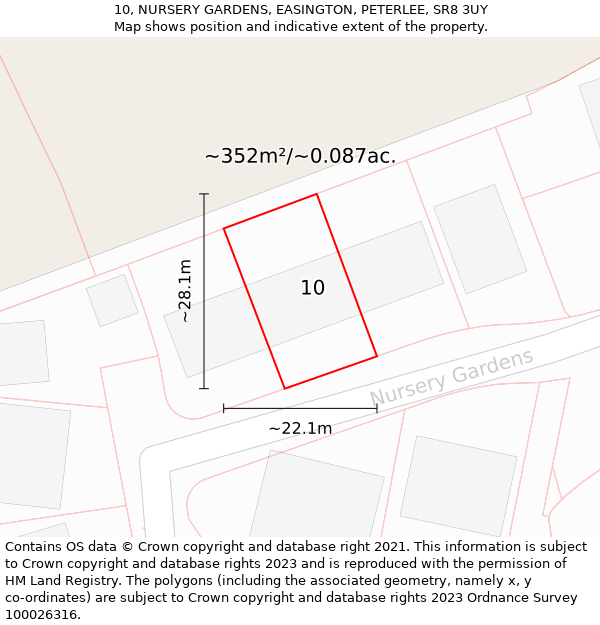 10, NURSERY GARDENS, EASINGTON, PETERLEE, SR8 3UY: Plot and title map