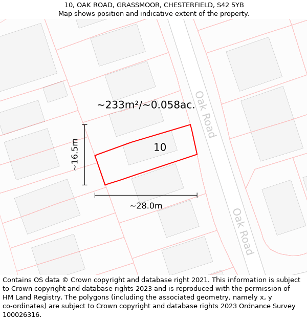 10, OAK ROAD, GRASSMOOR, CHESTERFIELD, S42 5YB: Plot and title map