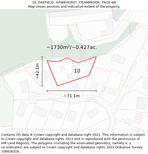 10, OAKFIELD, HAWKHURST, CRANBROOK, TN18 4JR: Plot and title map