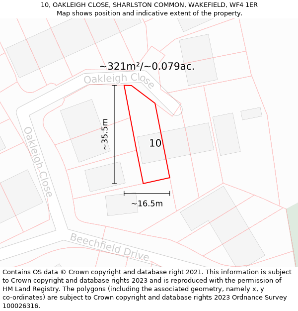 10, OAKLEIGH CLOSE, SHARLSTON COMMON, WAKEFIELD, WF4 1ER: Plot and title map