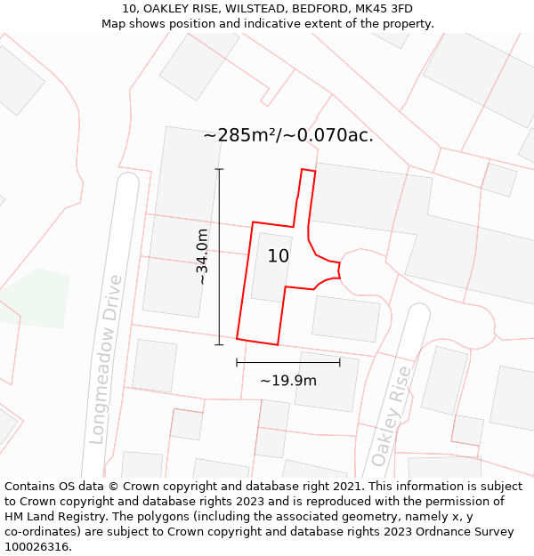 10, OAKLEY RISE, WILSTEAD, BEDFORD, MK45 3FD: Plot and title map