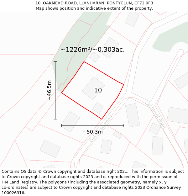 10, OAKMEAD ROAD, LLANHARAN, PONTYCLUN, CF72 9FB: Plot and title map