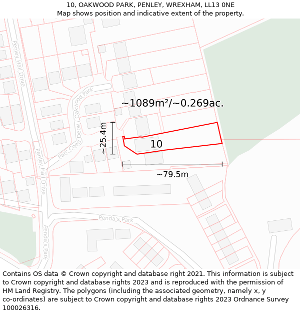 10, OAKWOOD PARK, PENLEY, WREXHAM, LL13 0NE: Plot and title map