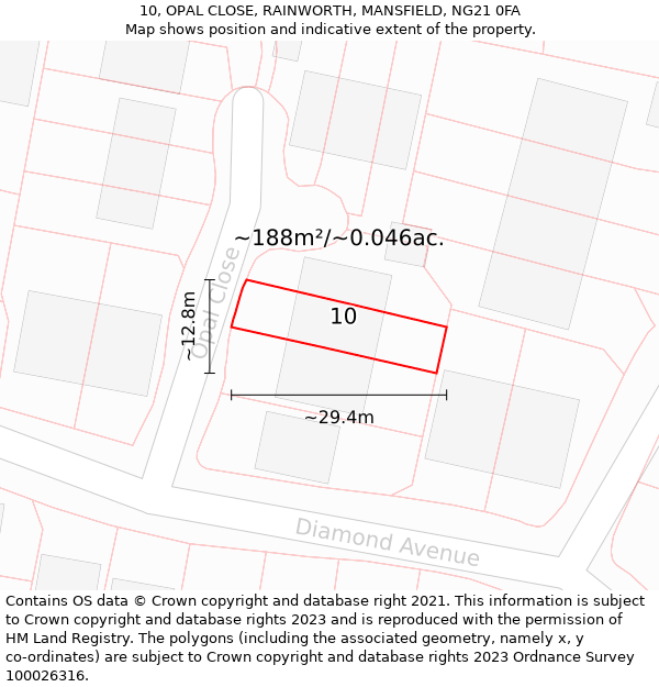 10, OPAL CLOSE, RAINWORTH, MANSFIELD, NG21 0FA: Plot and title map