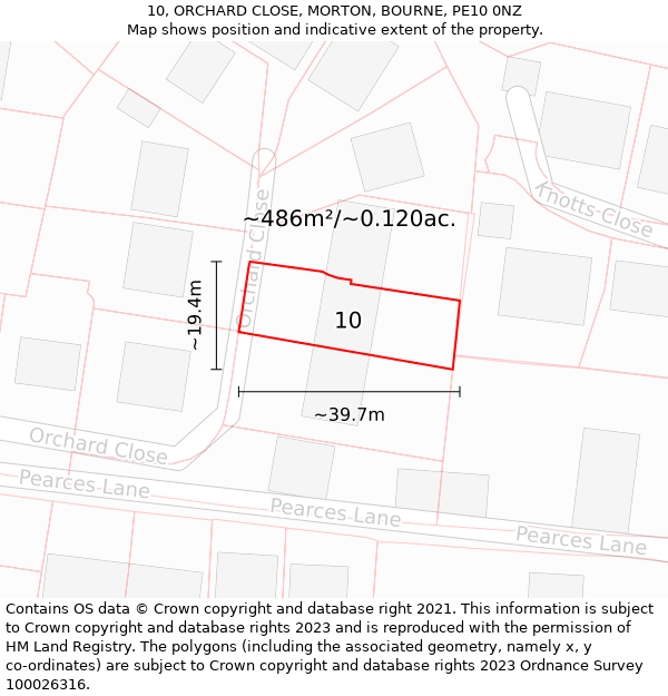 10, ORCHARD CLOSE, MORTON, BOURNE, PE10 0NZ: Plot and title map