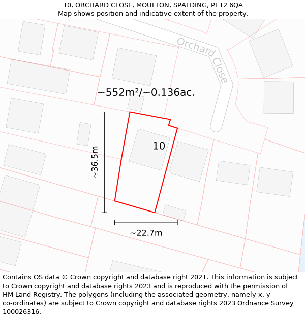 10, ORCHARD CLOSE, MOULTON, SPALDING, PE12 6QA: Plot and title map