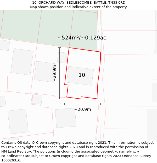 10, ORCHARD WAY, SEDLESCOMBE, BATTLE, TN33 0RD: Plot and title map