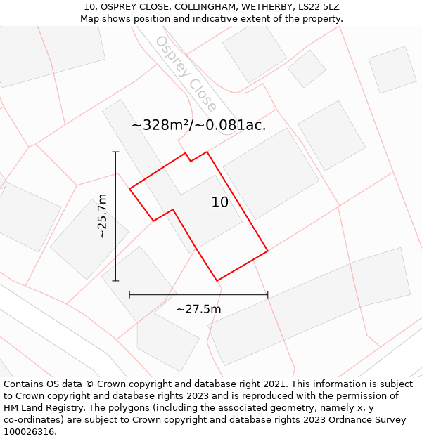 10, OSPREY CLOSE, COLLINGHAM, WETHERBY, LS22 5LZ: Plot and title map