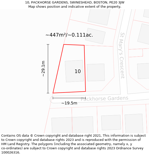 10, PACKHORSE GARDENS, SWINESHEAD, BOSTON, PE20 3JW: Plot and title map