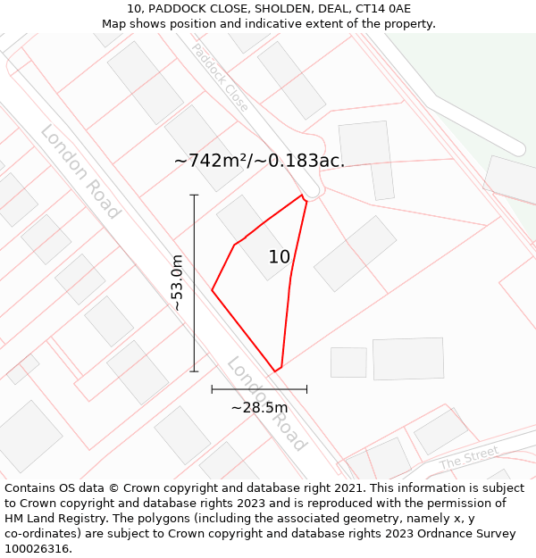 10, PADDOCK CLOSE, SHOLDEN, DEAL, CT14 0AE: Plot and title map